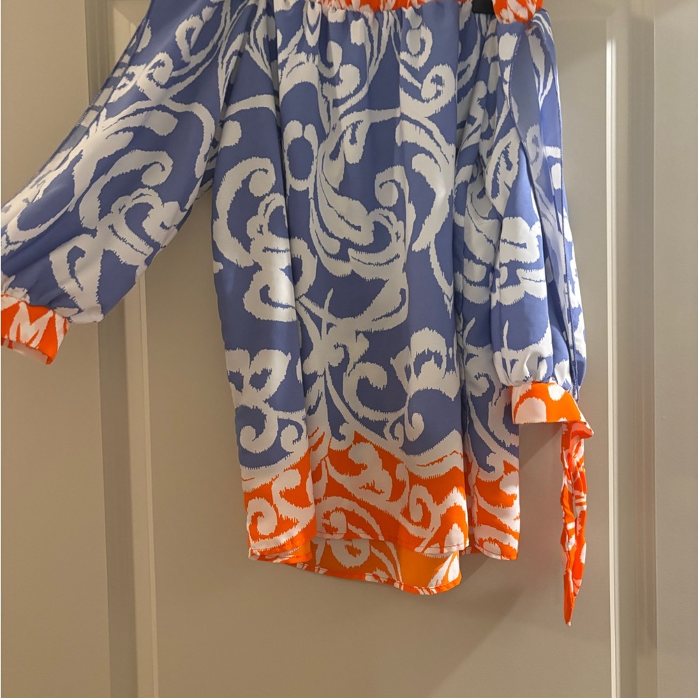 Blue and Orange Patterned Off-Shoulder Top